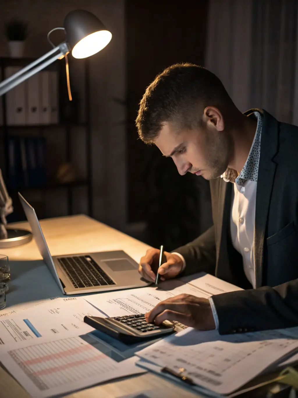 A professional accountant reviewing financial statements in a modern office setting, highlighting precision and attention to detail.