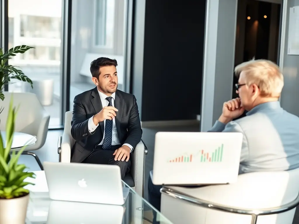 An image of a financial planner creating a long-term economic plan with a client, focusing on future financial security.