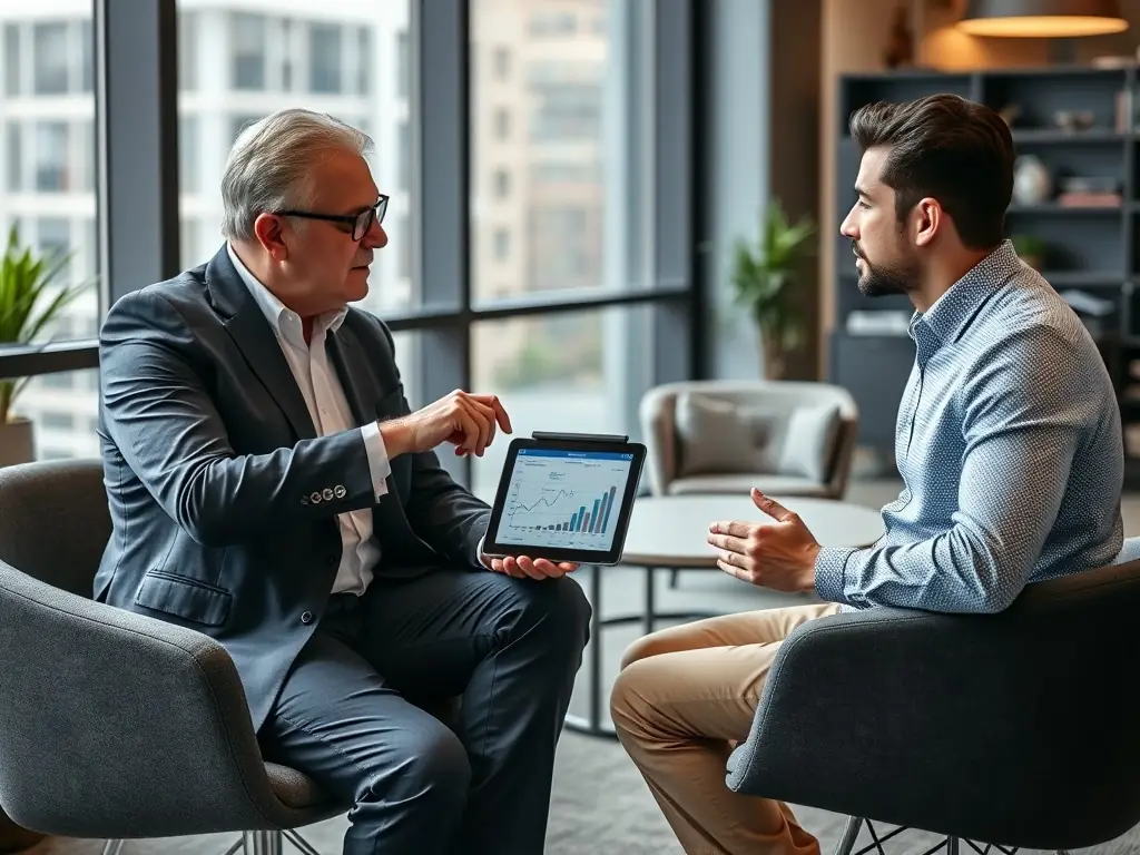 An image of a financial advisor reviewing investment portfolios with a client in a modern office setting, emphasizing trust and collaboration.